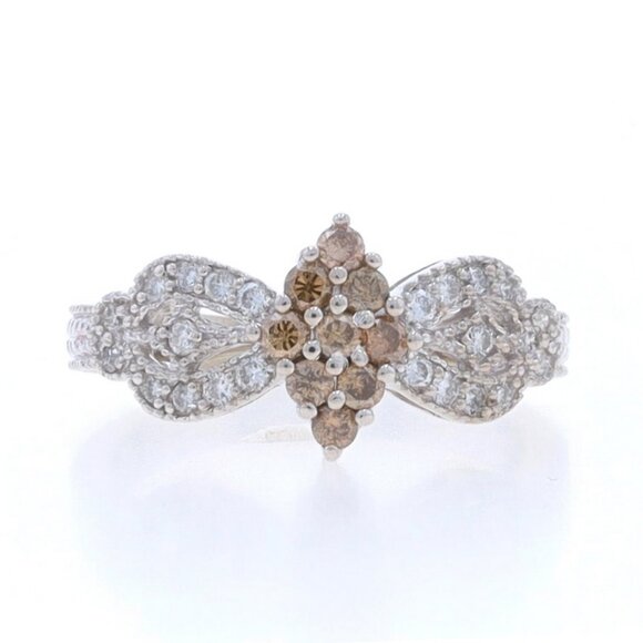 White Gold Diamond Cluster Ring - 14k Rnd .30ctw Bow Etched Milgrain Fancy Brown
